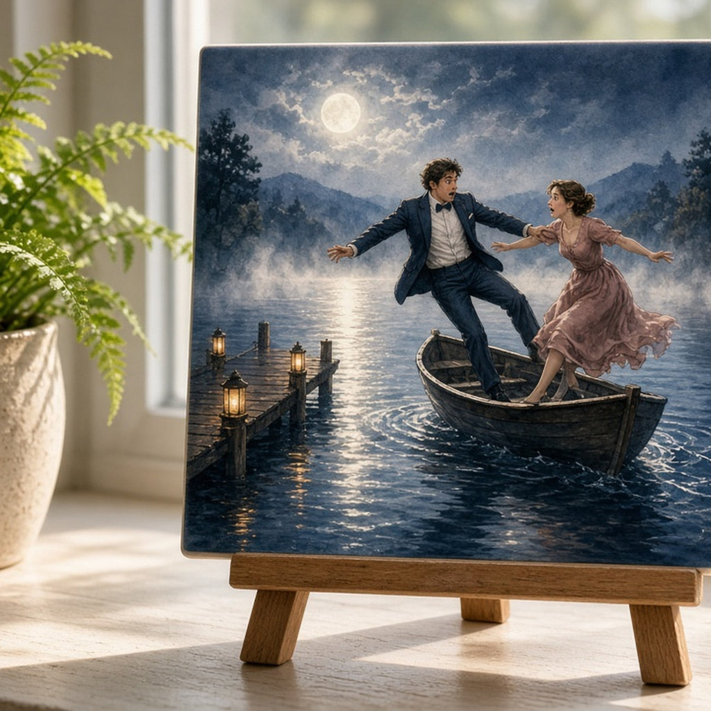 Moonlit misty lake jetty with a couple wobbling in a rowing boat printed flat on a ceramic tile, made with prompt #84