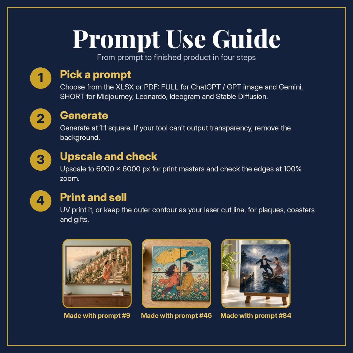 Prompt Use Guide for the Romantic Comedy, Luxury & Decorative Collection: pick a prompt, generate, upscale and check, print and sell, with sample products made with the pack's prompts