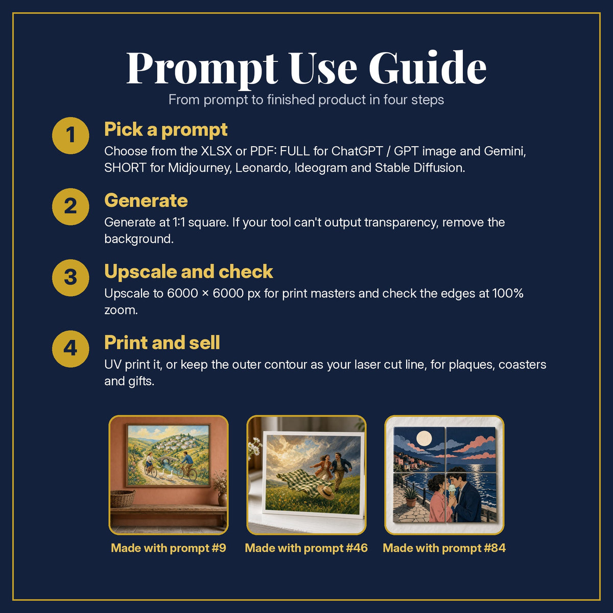 Prompt Use Guide for the Romantic Comedy, Painterly & Handmade Collection: pick a prompt, generate, upscale and check, print and sell, with sample products made with the pack's prompts