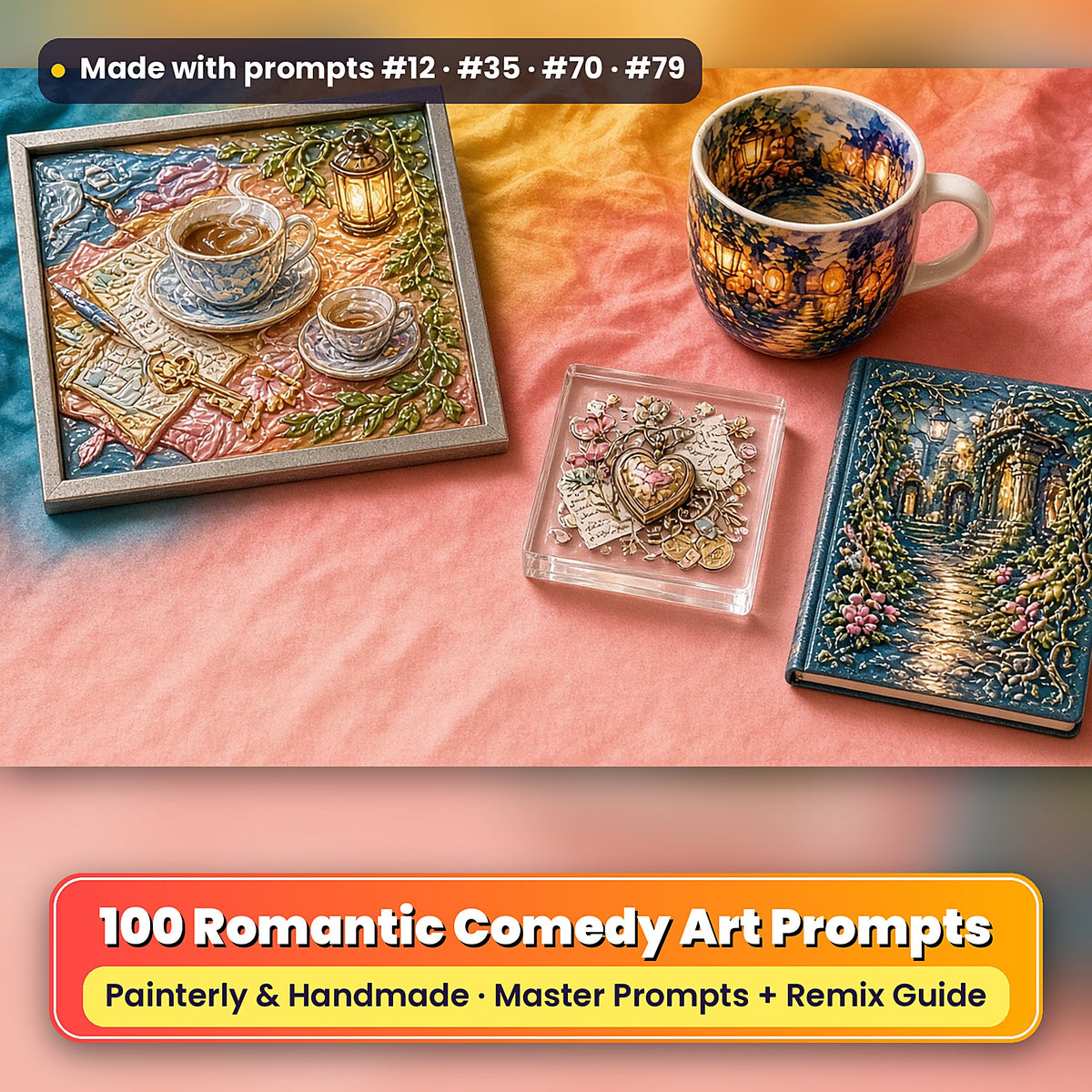Romantic Comedy, Painterly & Handmade Collection: realistic UV-printed mockup, made with prompts #12 · #35 · #70 · #79