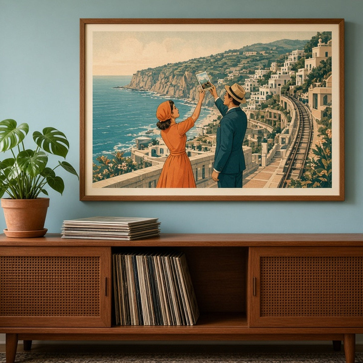 Vintage retro panoramic clifftop resort with a couple reaching for a windblown postcard shown as a flat framed print in a living room, made with prompt #9