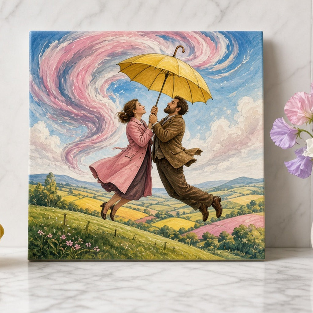 Whimsical couple lifted off a hill by a runaway umbrella as a swirly storm approaches printed flat on a ceramic tile, made with prompt #46