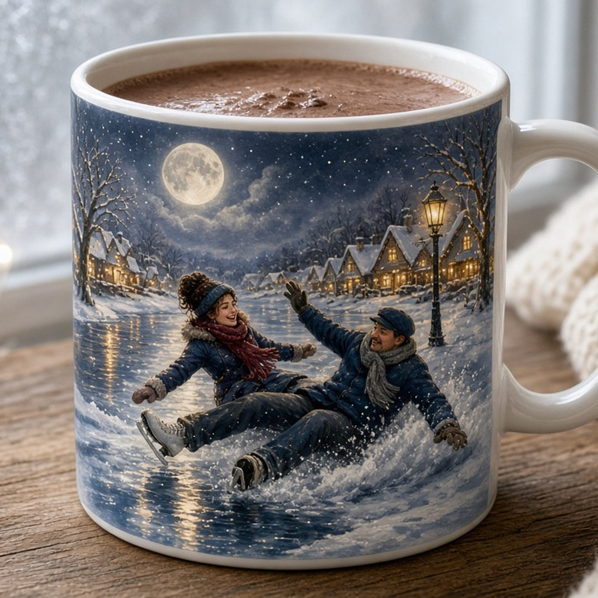 Moonlit snowy village pond with a couple toppling into a snowdrift on skates printed flat on a mug, made with prompt #84