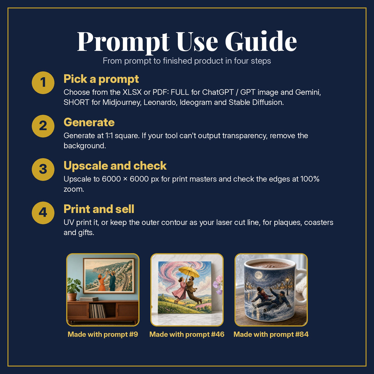 Prompt Use Guide for the Romantic Comedy, Vintage & Whimsical Collection: pick a prompt, generate, upscale and check, print and sell, with sample products made with the pack's prompts