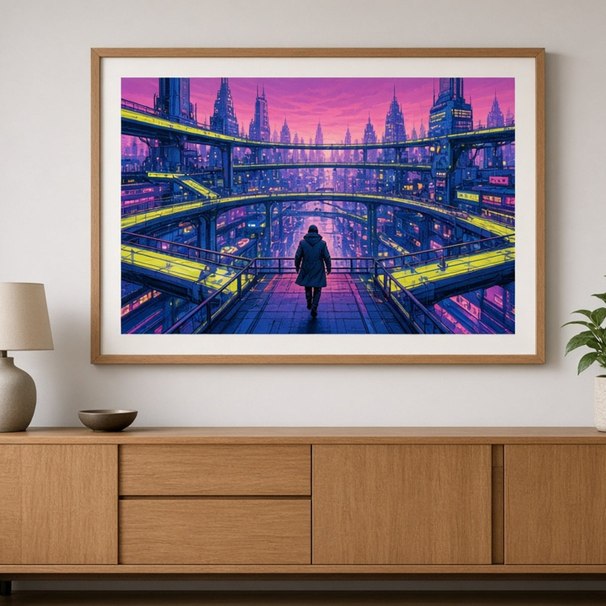 Bold-colour panoramic multi-level city with a hooded figure running along a rooftop walkway shown as a flat framed print in an apartment, made with prompt #9