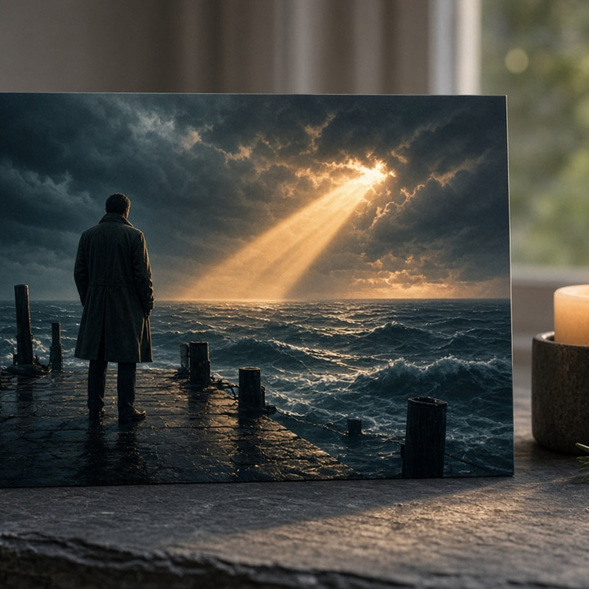 Cinematic detective on a windswept quay as a huge storm approaches printed flat on a greeting card, made with prompt #46
