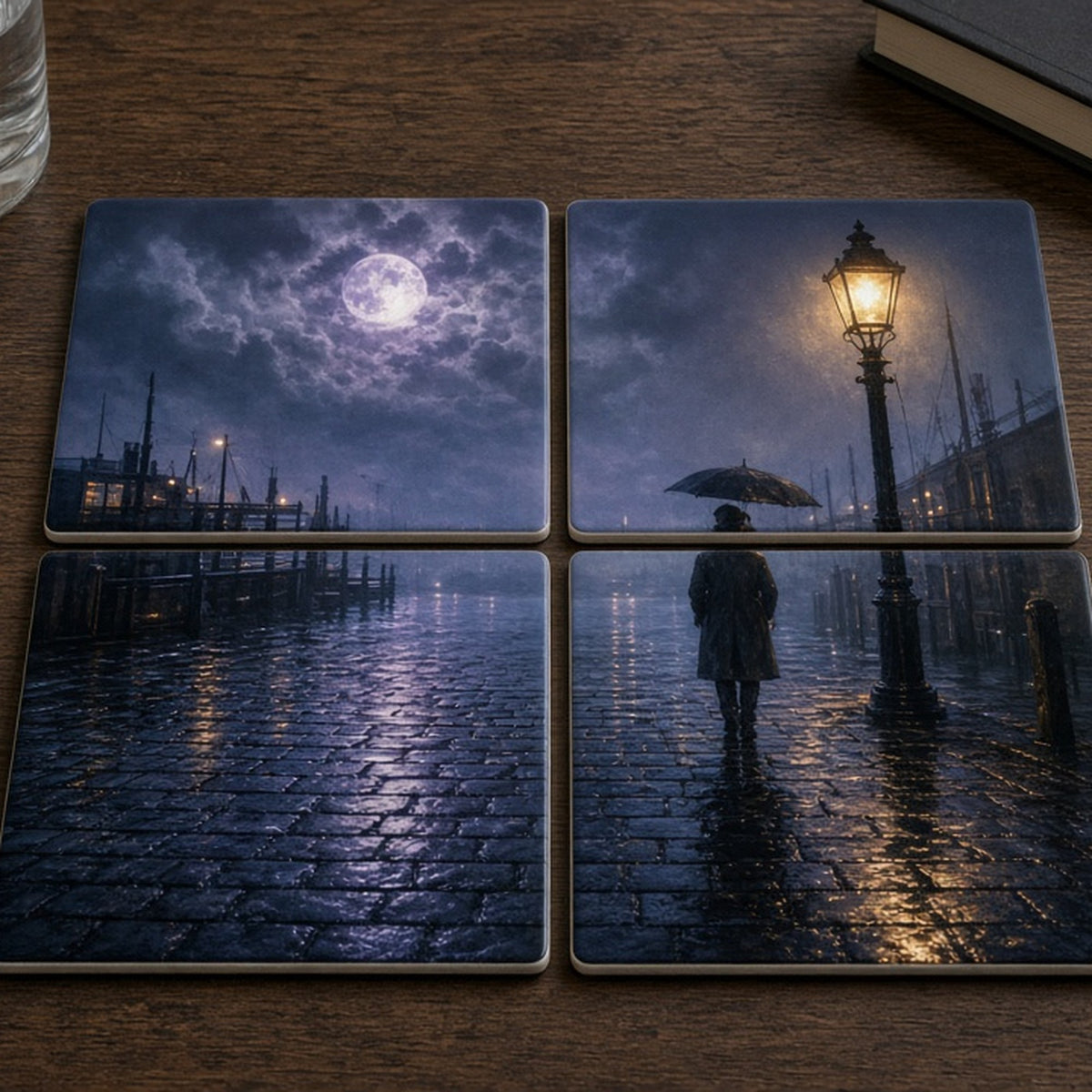 Moonlit misty dockside with a lone figure under a glowing lamp post printed flat on a set of four coasters, made with prompt #84