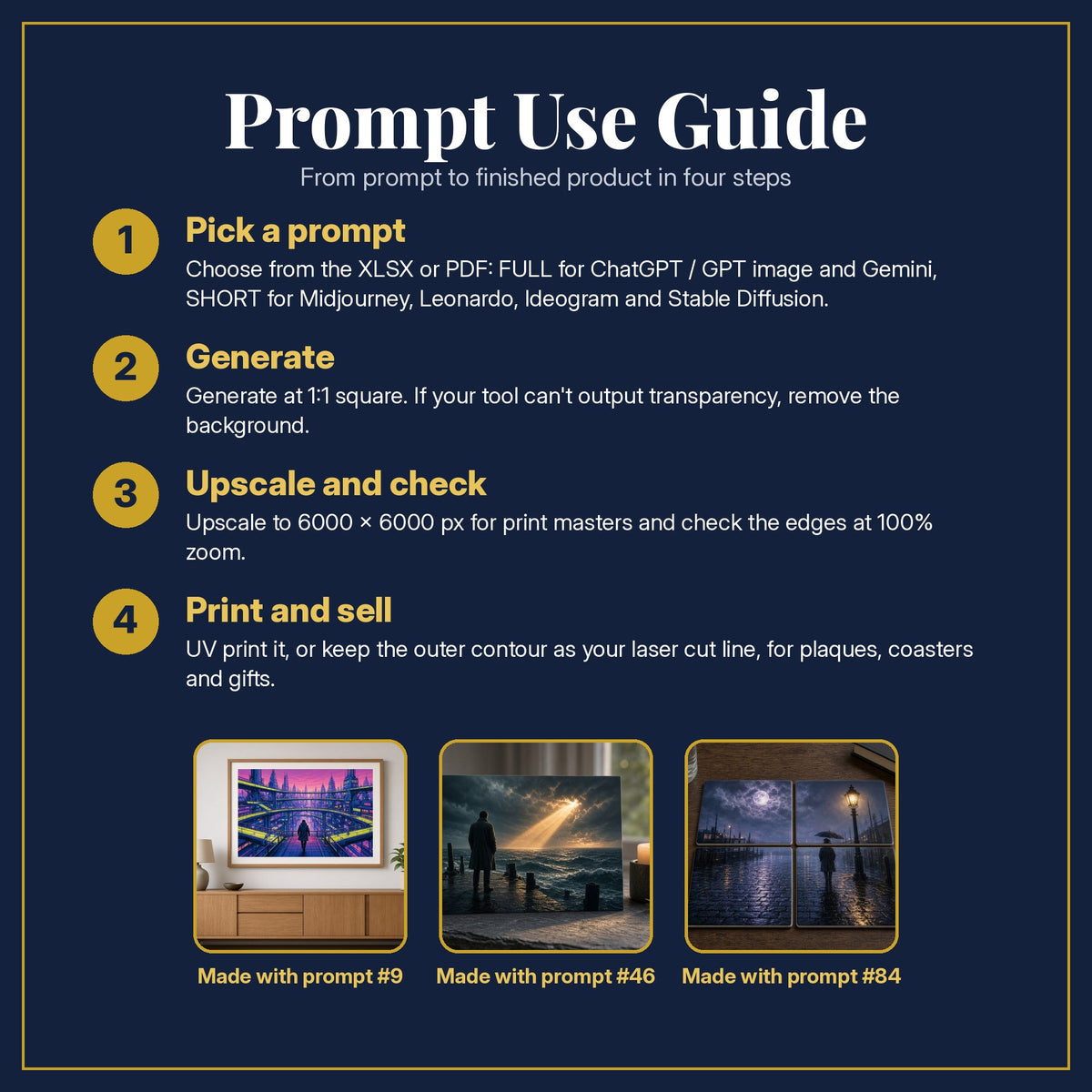 Prompt Use Guide for the Crime and Thriller, Cinematic & Bold Collection: pick a prompt, generate, upscale and check, print and sell, with sample products made with the pack's prompts