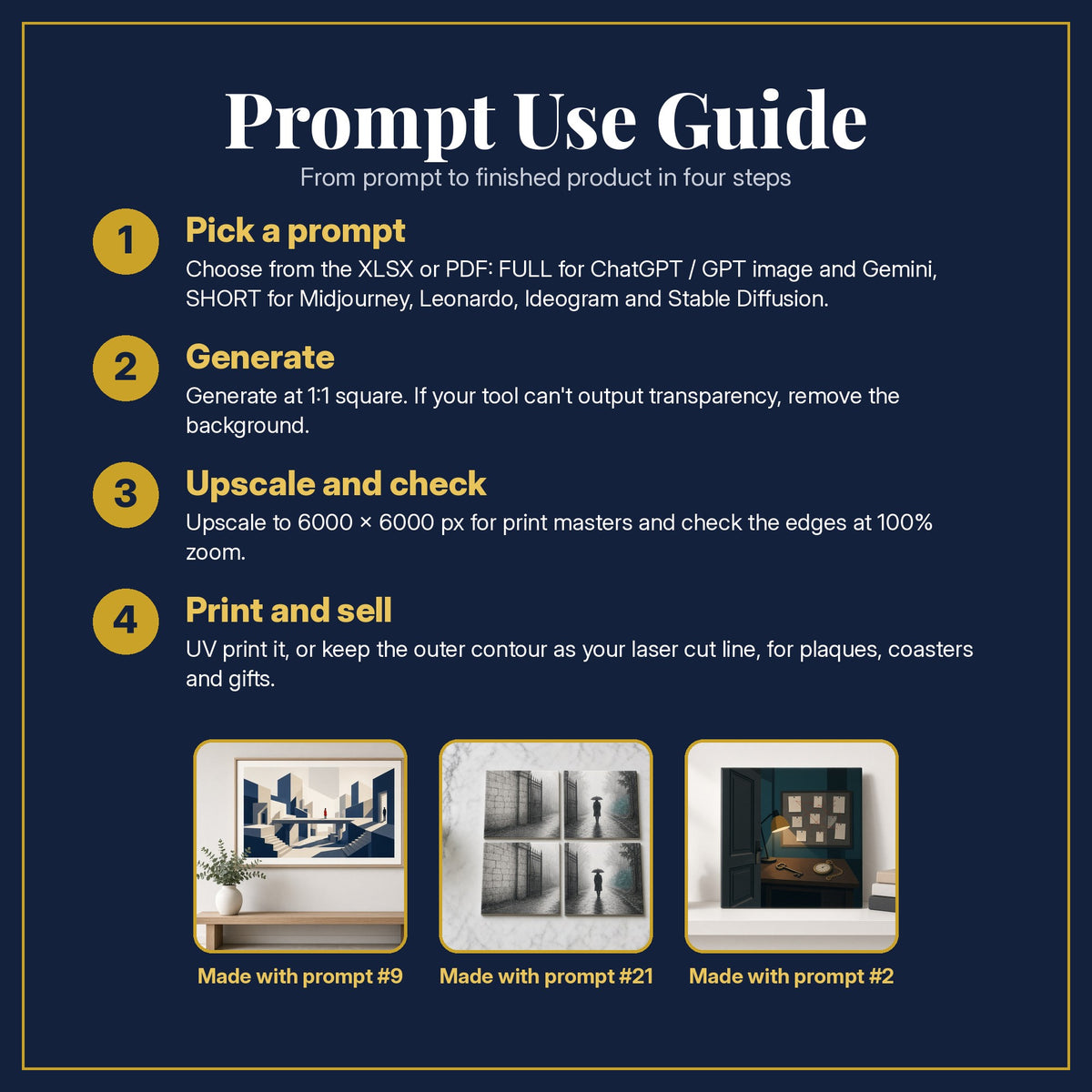 Prompt Use Guide for the Crime and Thriller, Clean & Graphic Collection: pick a prompt, generate, upscale and check, print and sell, with sample products made with the pack's prompts