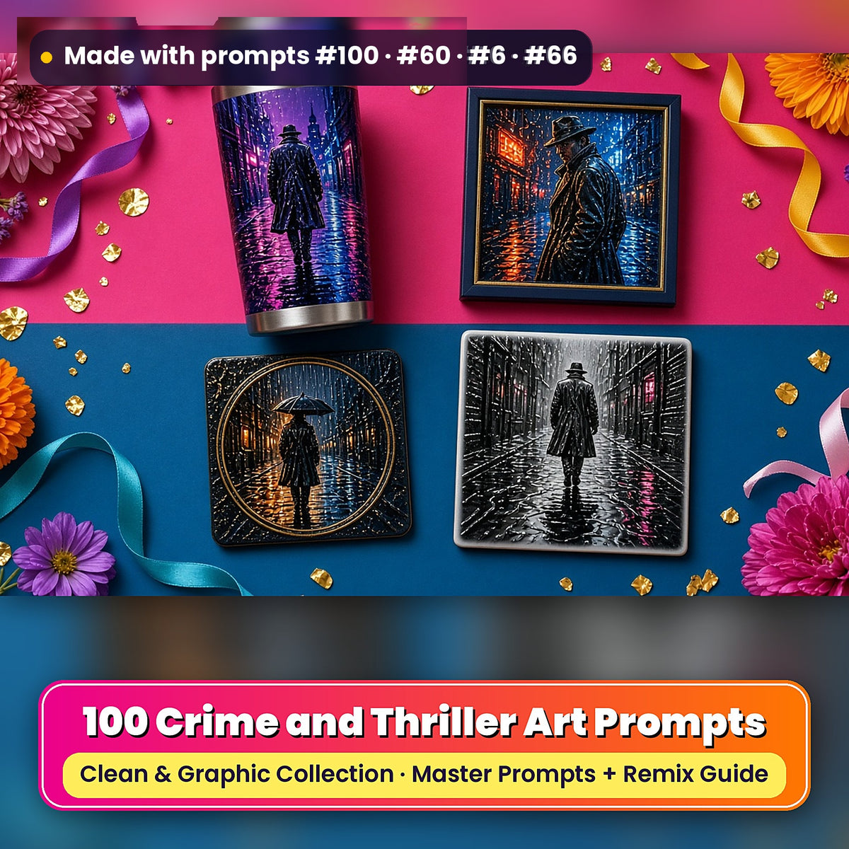 Crime and Thriller, Clean & Graphic Collection: Made with prompts #100 · #60 · #6 · #66 – realistic UV-printed mockup