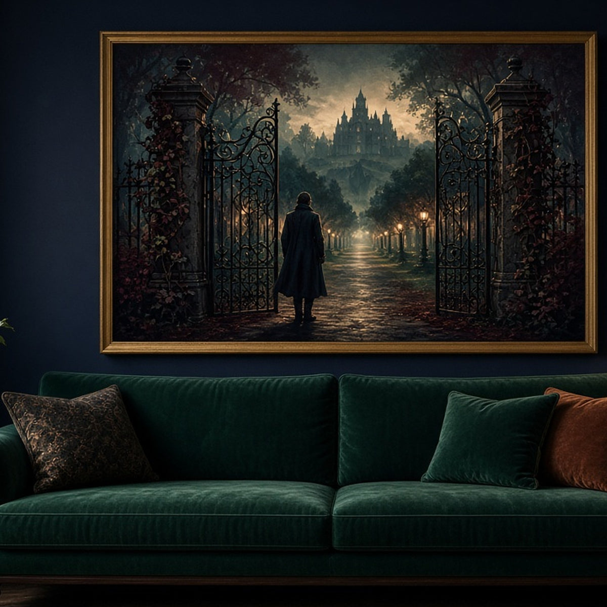 Luxury wrought-iron gateway opening onto a misty lamplit avenue and a shadowy mansion shown as a flat framed print in a living room, made with prompt #41
