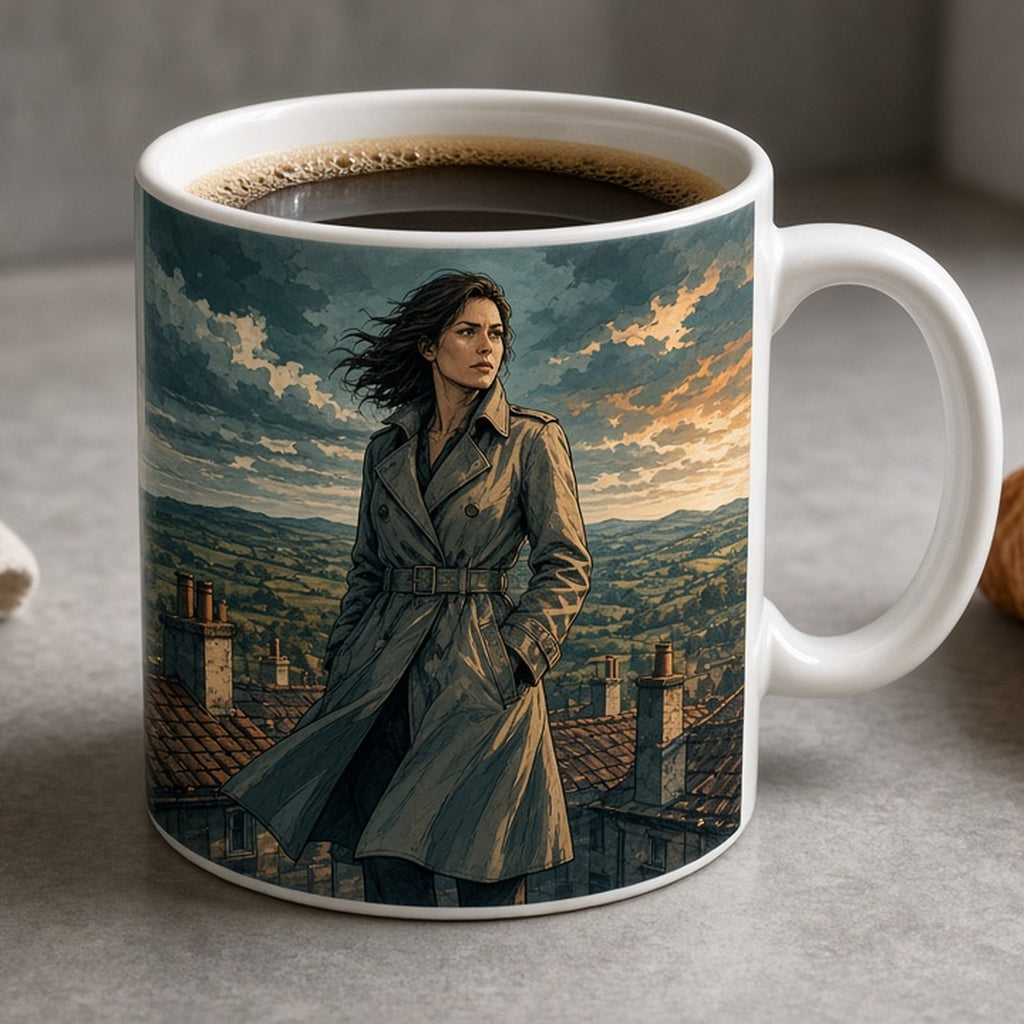 Illustrated woman detective on a rooftop among chimney pots as a storm approaches printed flat on a mug, made with prompt #226