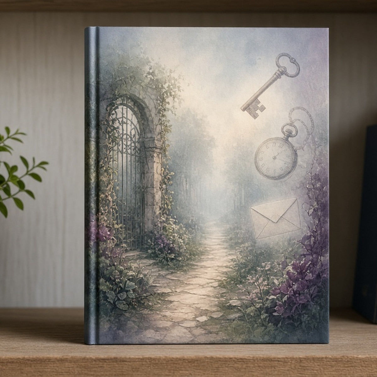 Misty walled garden path with faint key, pocket watch and envelope fading like memories printed flat on a notebook cover, made with prompt #416