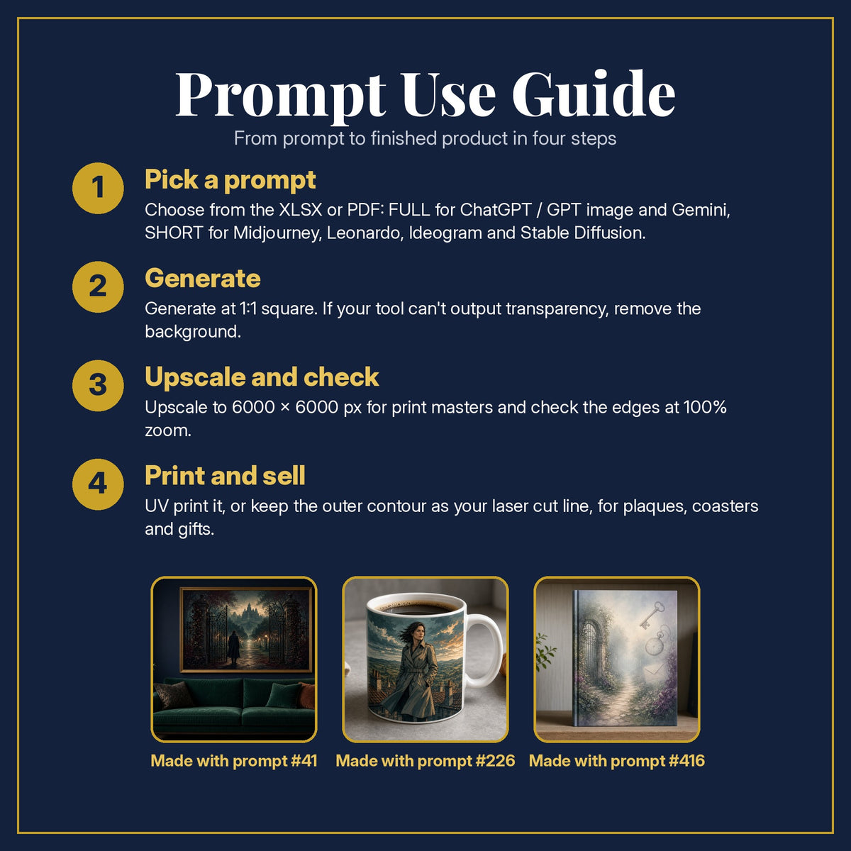 Prompt Use Guide for the Crime and Thriller Complete Library: pick a prompt, generate, upscale and check, print and sell, with sample products made with the pack's prompts