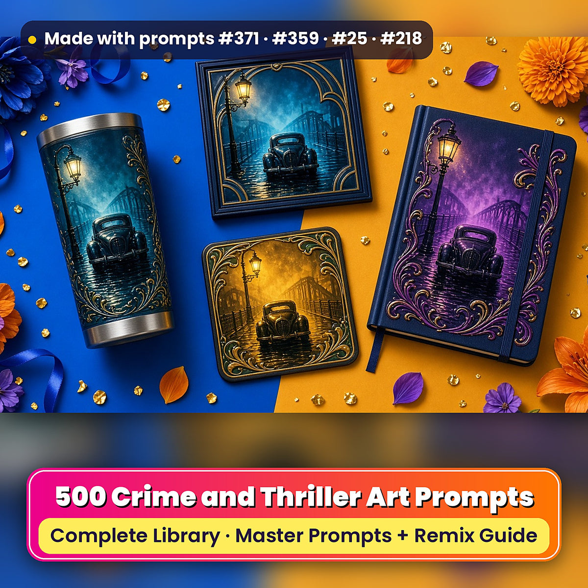 500 Crime Thriller Art Prompts Library: Made with prompts #371 · #359 · #25 · #218 – realistic UV-printed mockup
