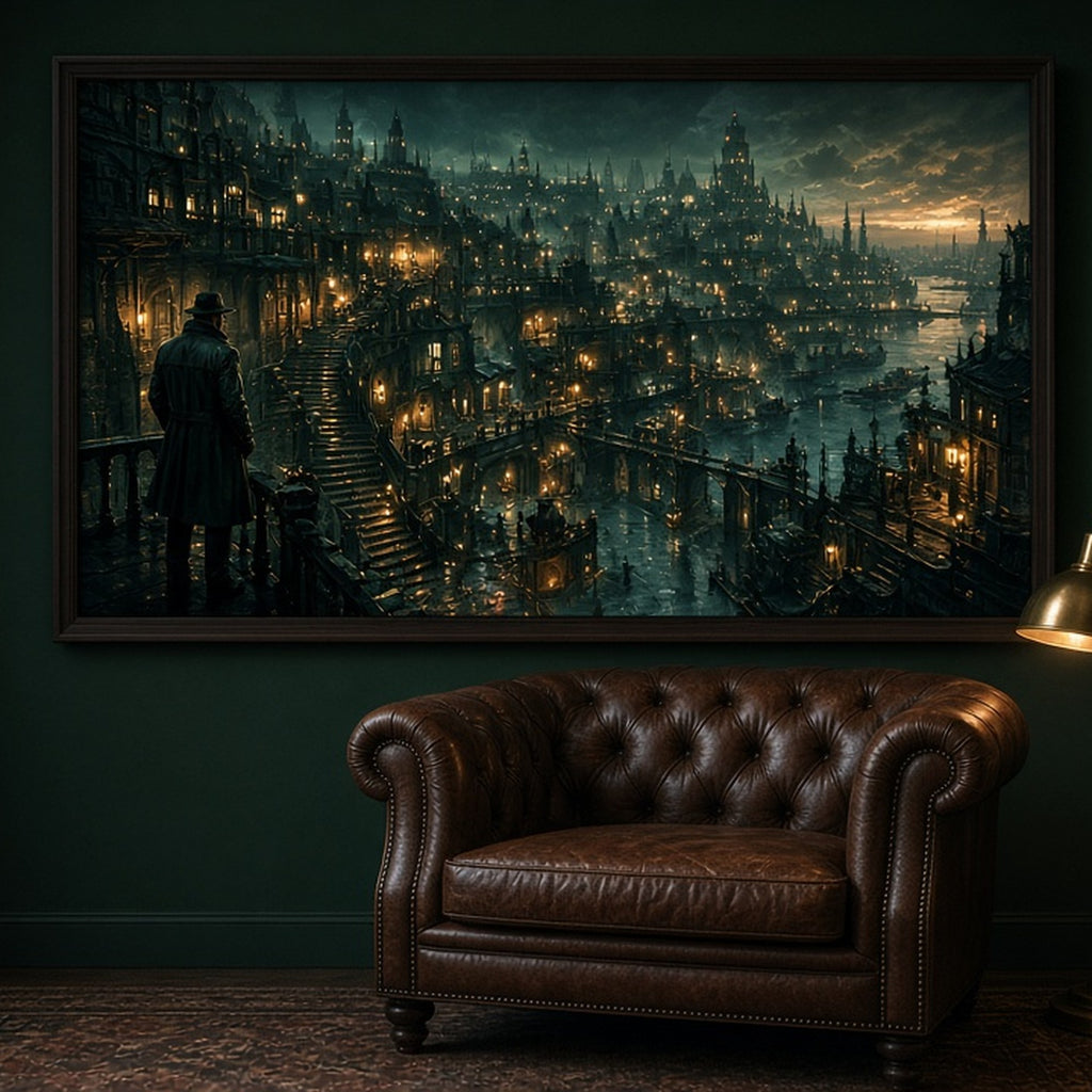 Luxury panoramic lamplit harbour city with a trench-coated watcher on a high balcony shown as a flat framed print in a study, made with prompt #9