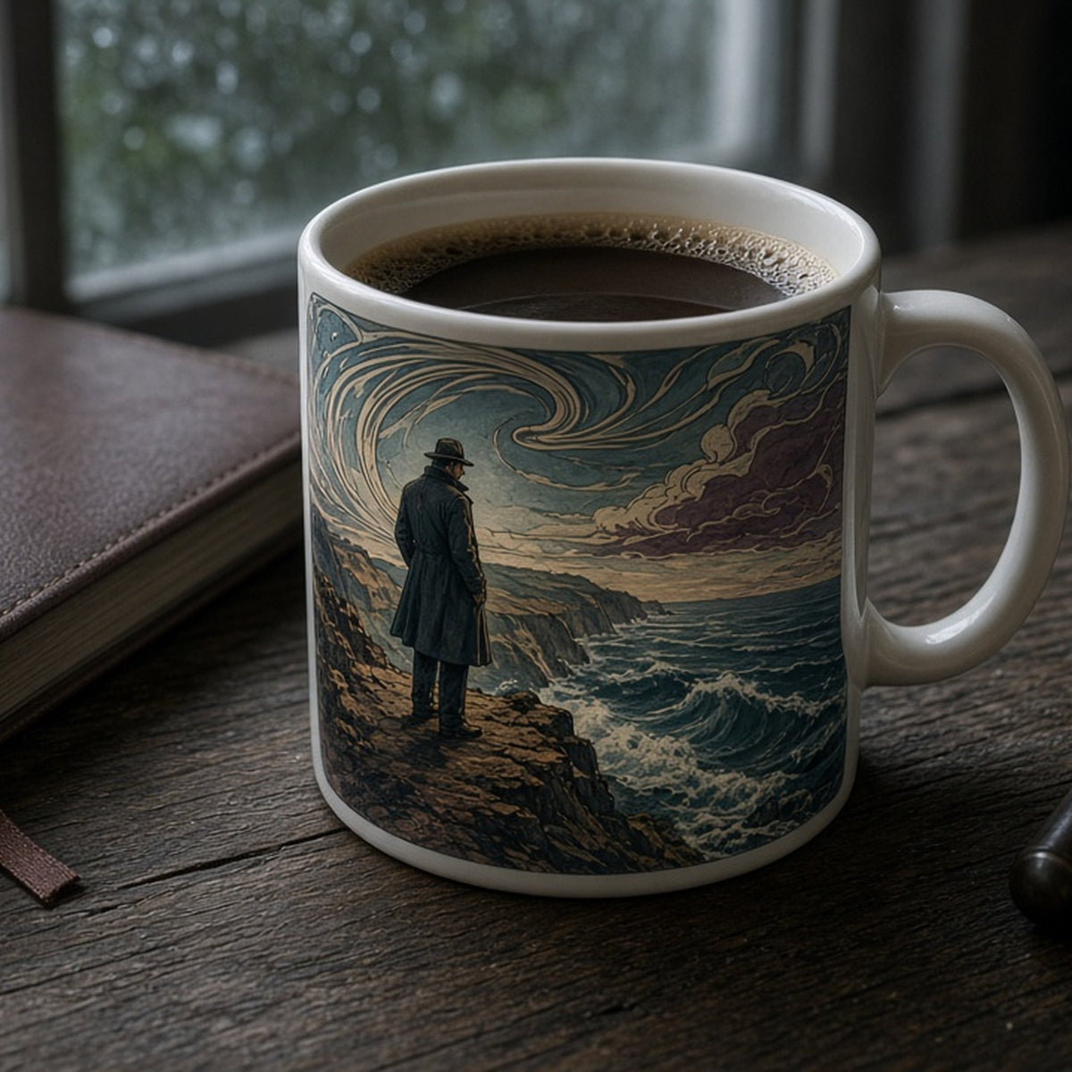 Art nouveau detective on a cliff path as a storm sweeps in over the sea printed flat on a mug, made with prompt #46