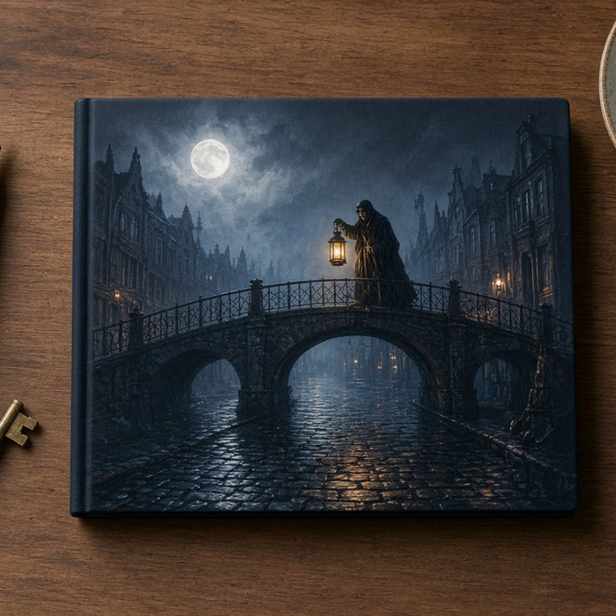 Moonlit misty canal with a lantern-carrying figure on an arched footbridge printed flat on a notebook cover, made with prompt #84
