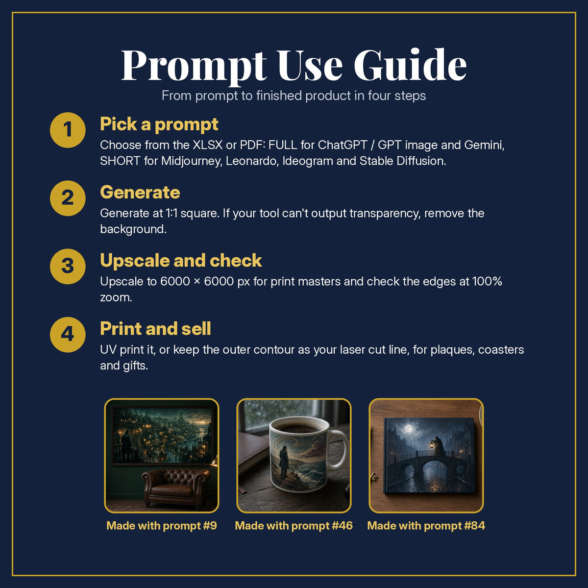Prompt Use Guide for the Crime and Thriller, Luxury & Decorative Collection: pick a prompt, generate, upscale and check, print and sell, with sample products made with the pack's prompts