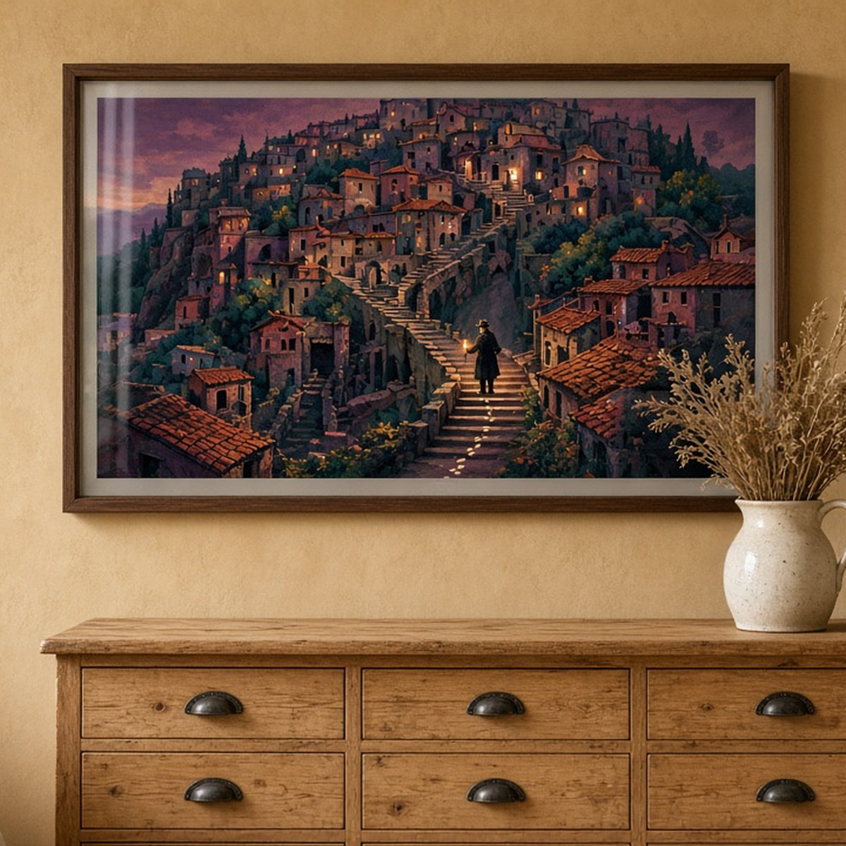 Textured artisan twilight hill town with a detective climbing lantern-lit steps shown as a flat framed print in a bedroom, made with prompt #9