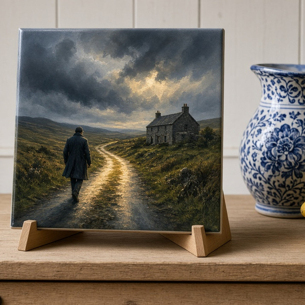 Oil-painted figure on a moorland road by a stone farmhouse as a storm approaches printed flat on a ceramic tile, made with prompt #46