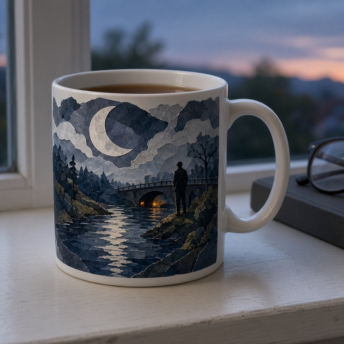 Collage-style moonlit riverside with a silhouetted figure by a bridge printed flat on a mug, made with prompt #84