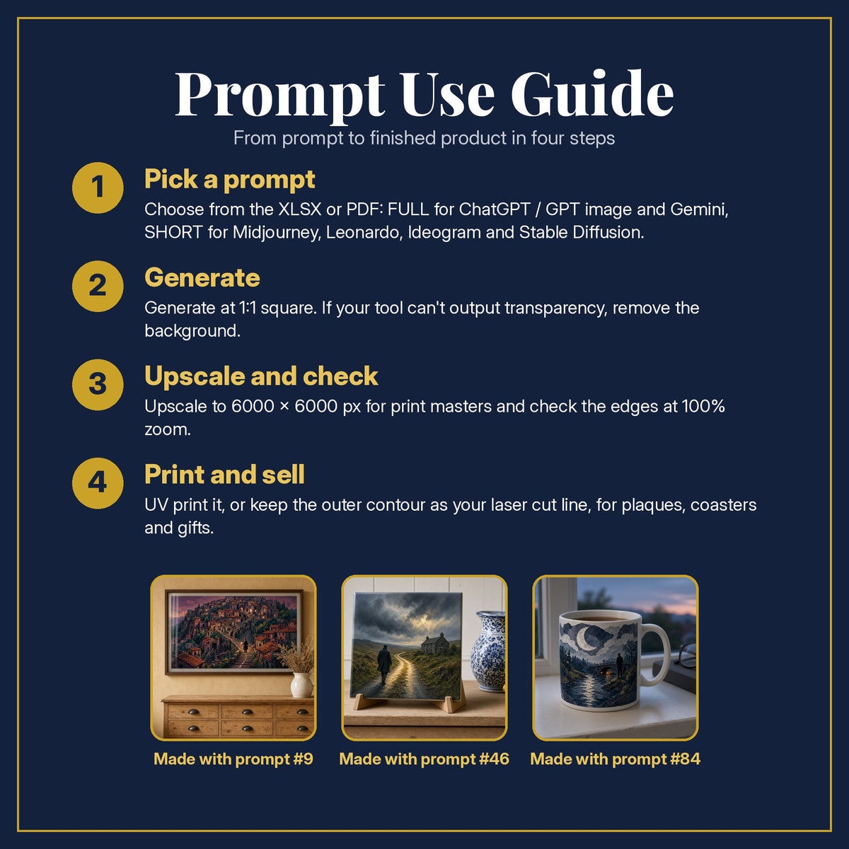 Prompt Use Guide for the Crime and Thriller, Painterly & Handmade Collection: pick a prompt, generate, upscale and check, print and sell, with sample products made with the pack's prompts