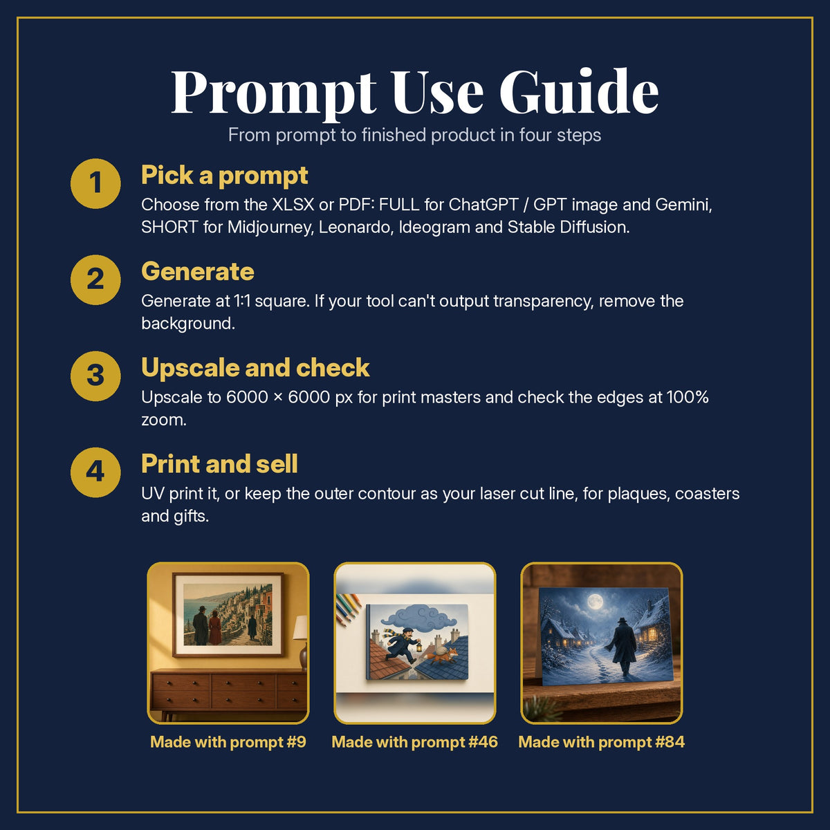 Prompt Use Guide for the Crime and Thriller, Vintage & Whimsical Collection: pick a prompt, generate, upscale and check, print and sell, with sample products made with the pack's prompts