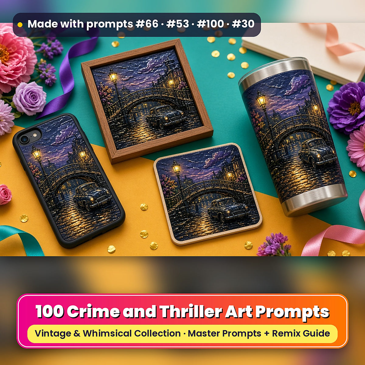 Crime and Thriller, Vintage & Whimsical Collection: realistic UV-printed mockup, made with prompts #66 · #53 · #100 · #30