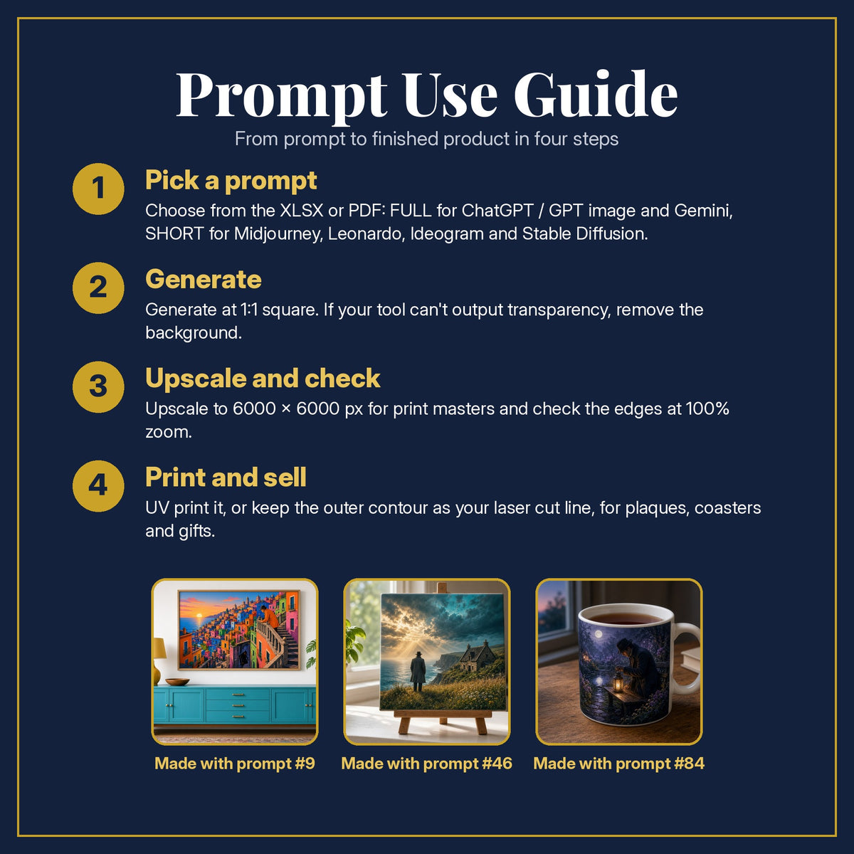 Prompt Use Guide for the Mystery and Detective, Cinematic & Bold Collection: pick a prompt, generate, upscale and check, print and sell, with sample products made with the pack's prompts