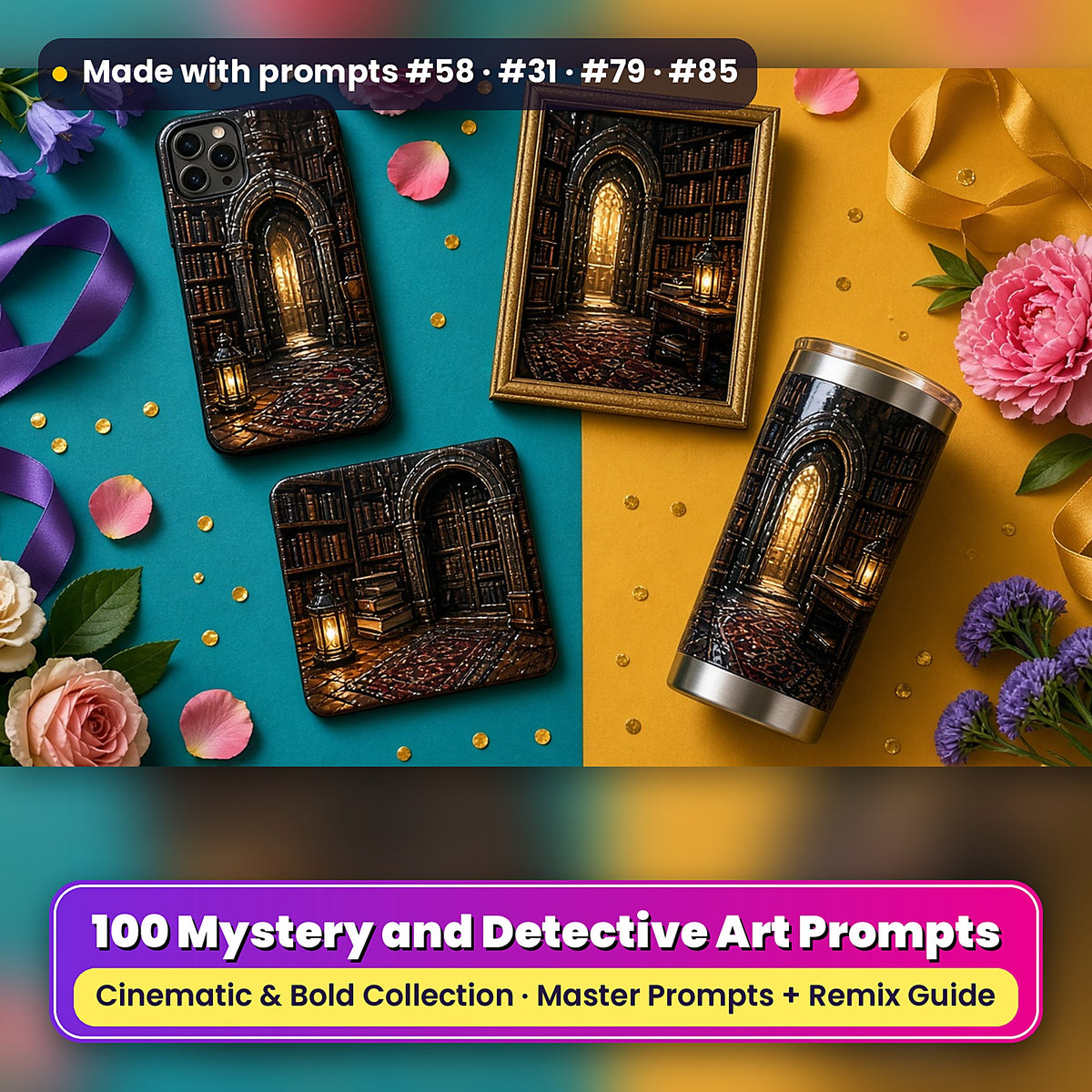 Mystery and Detective, Cinematic & Bold Collection: realistic UV-printed mockup, made with prompts #58 · #31 · #79 · #85