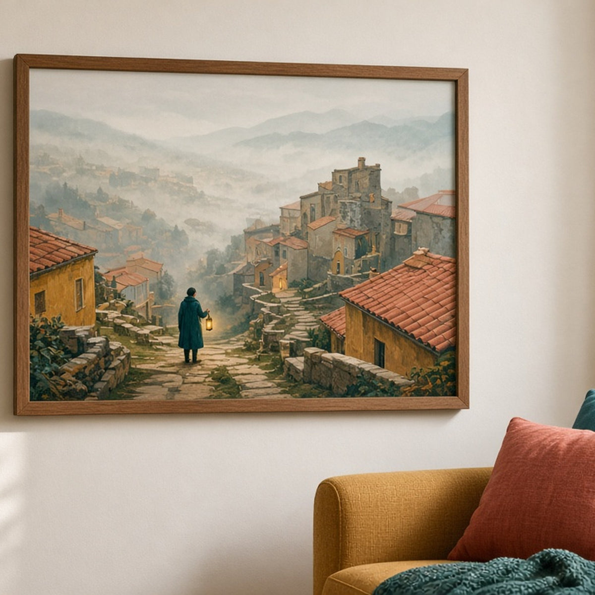 Modern minimal misty hillside town with stone stairways and a lantern-carrying figure printed flat on a framed print in a living room, made with prompt #9