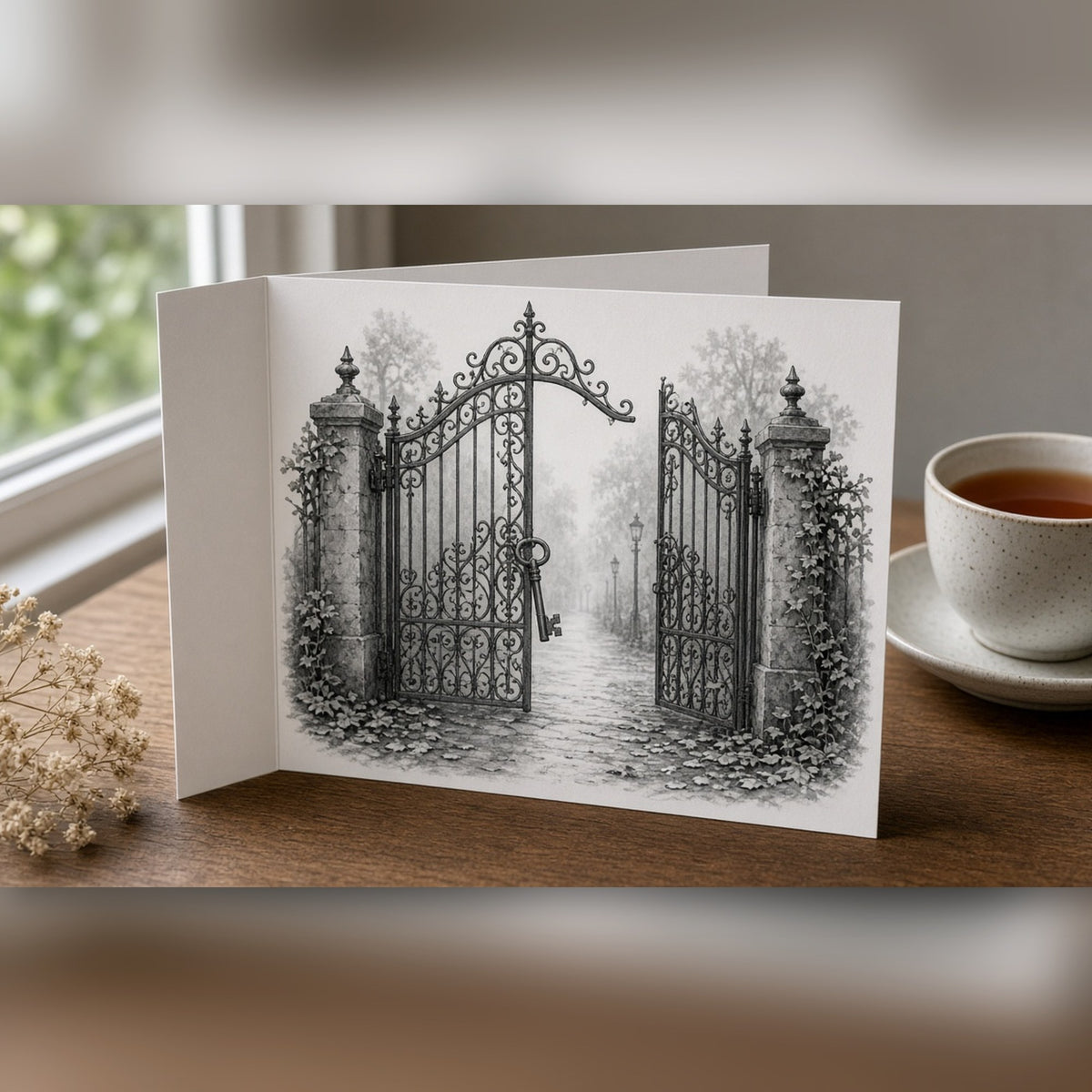 Monochrome wrought-iron gateway onto a misty lamplit lane with an old key printed flat on a greeting card, made with prompt #21