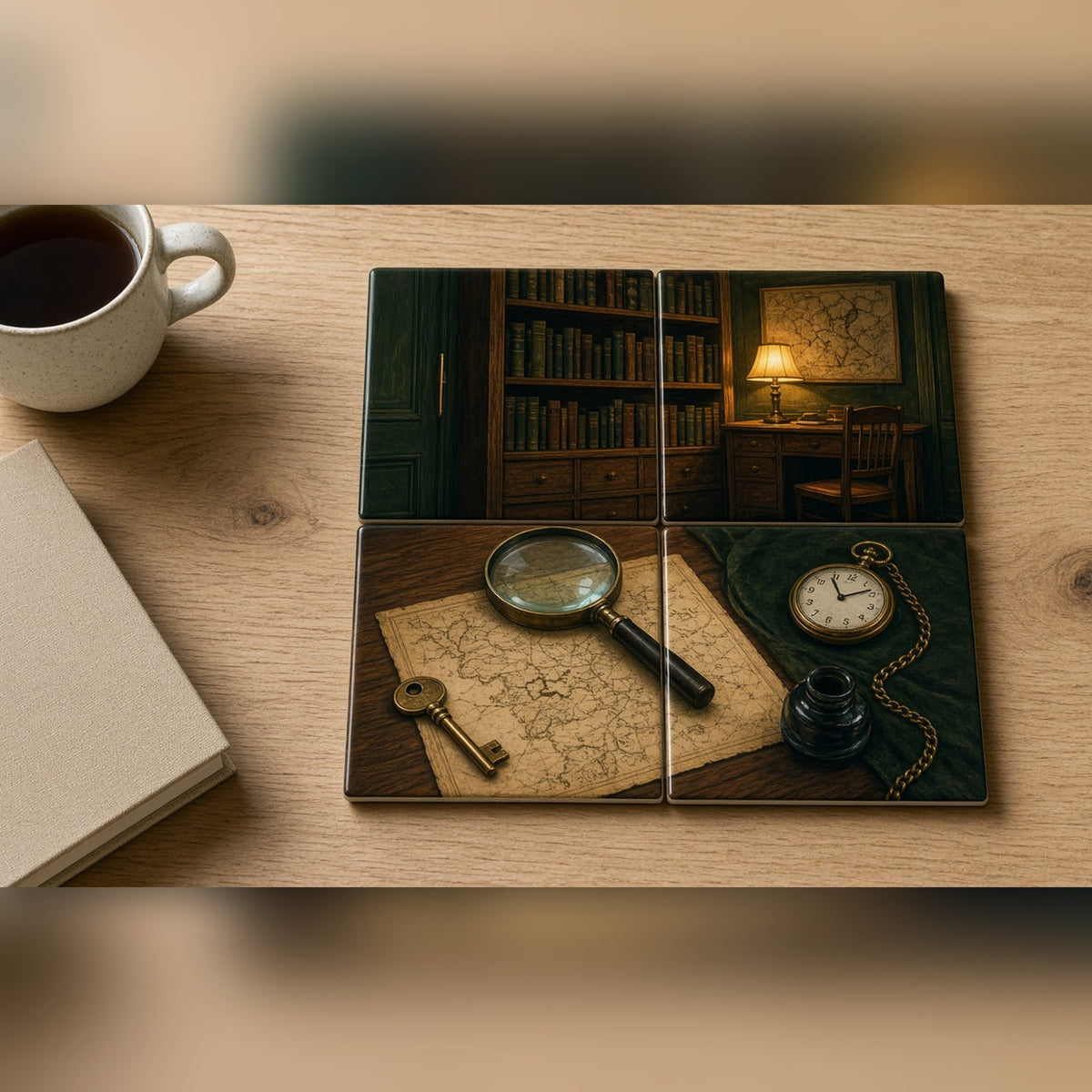 Minimal hidden study with a magnifying glass, old map, brass key and pocket watch printed flat on a set of four coasters, made with prompt #2