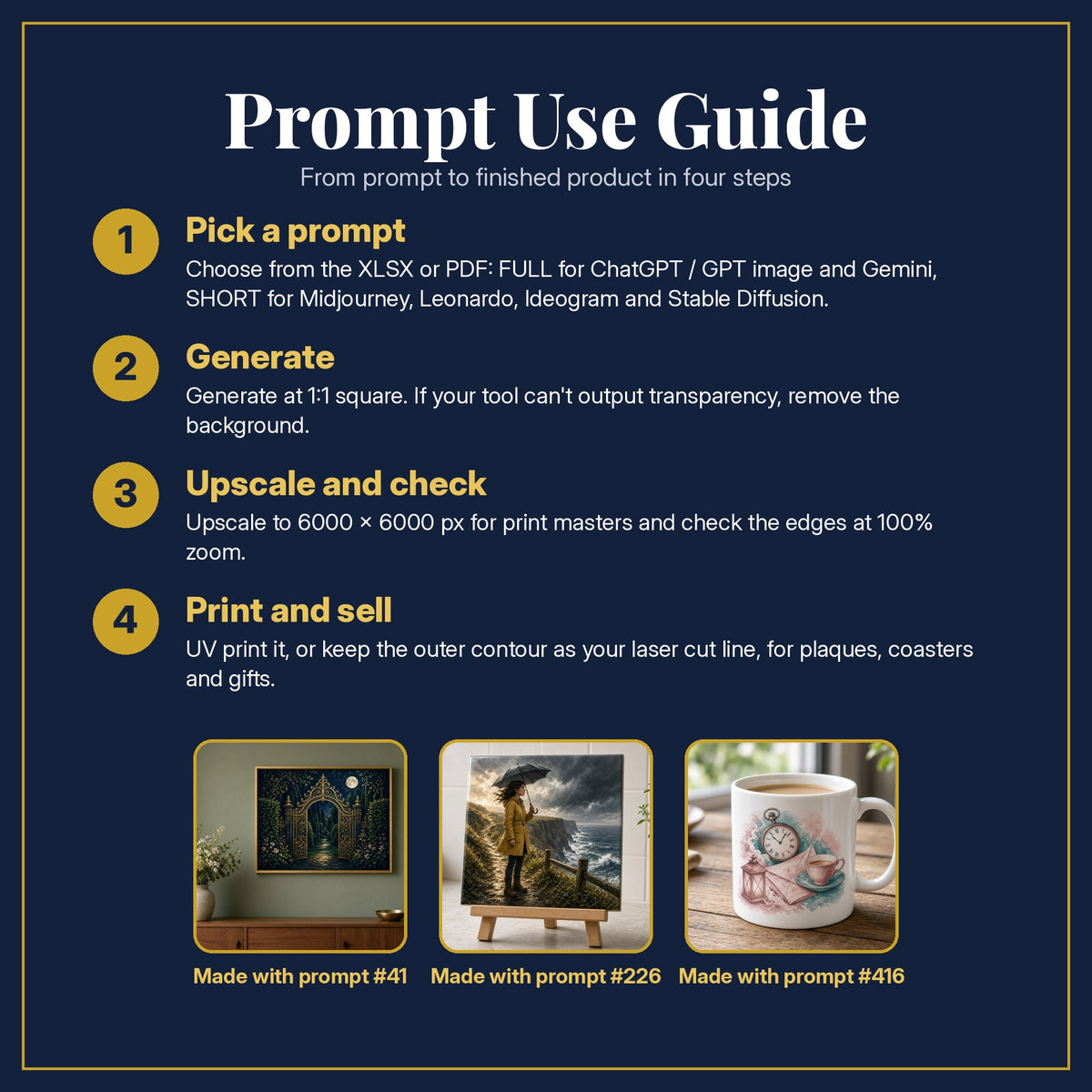 Prompt Use Guide for the Mystery and Detective Complete Library: pick a prompt, generate, upscale and check, print and sell, with sample products made with the pack's prompts