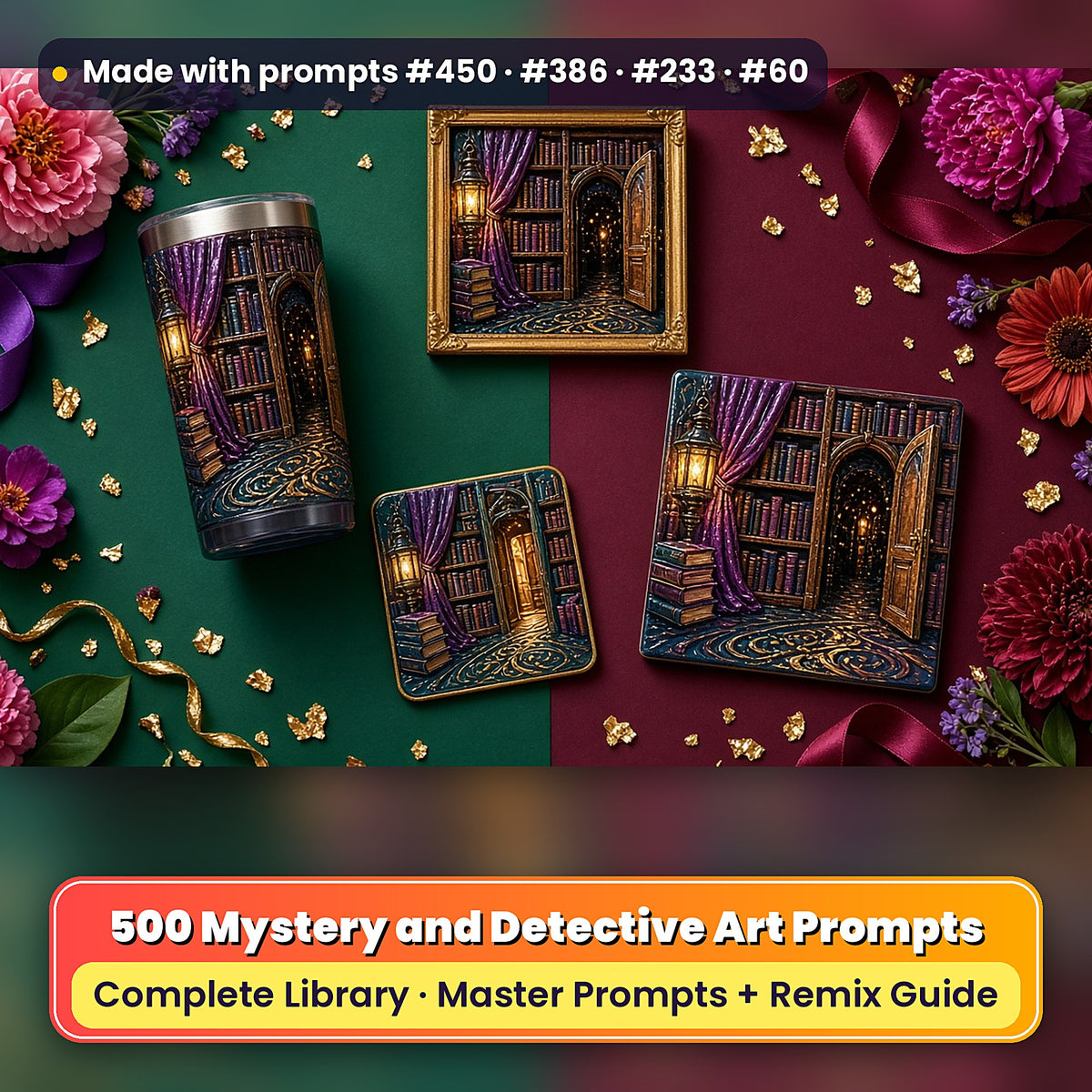 500 Mystery Detective Art Prompts Library: Made with prompts #450 · #386 · #233 · #60 – realistic UV-printed mockup