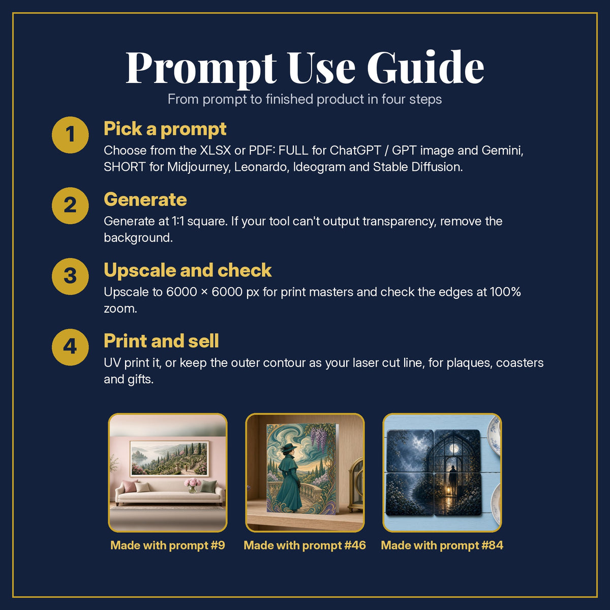Prompt Use Guide for the Mystery and Detective, Luxury & Decorative Collection: pick a prompt, generate, upscale and check, print and sell, with sample products made with the pack's prompts