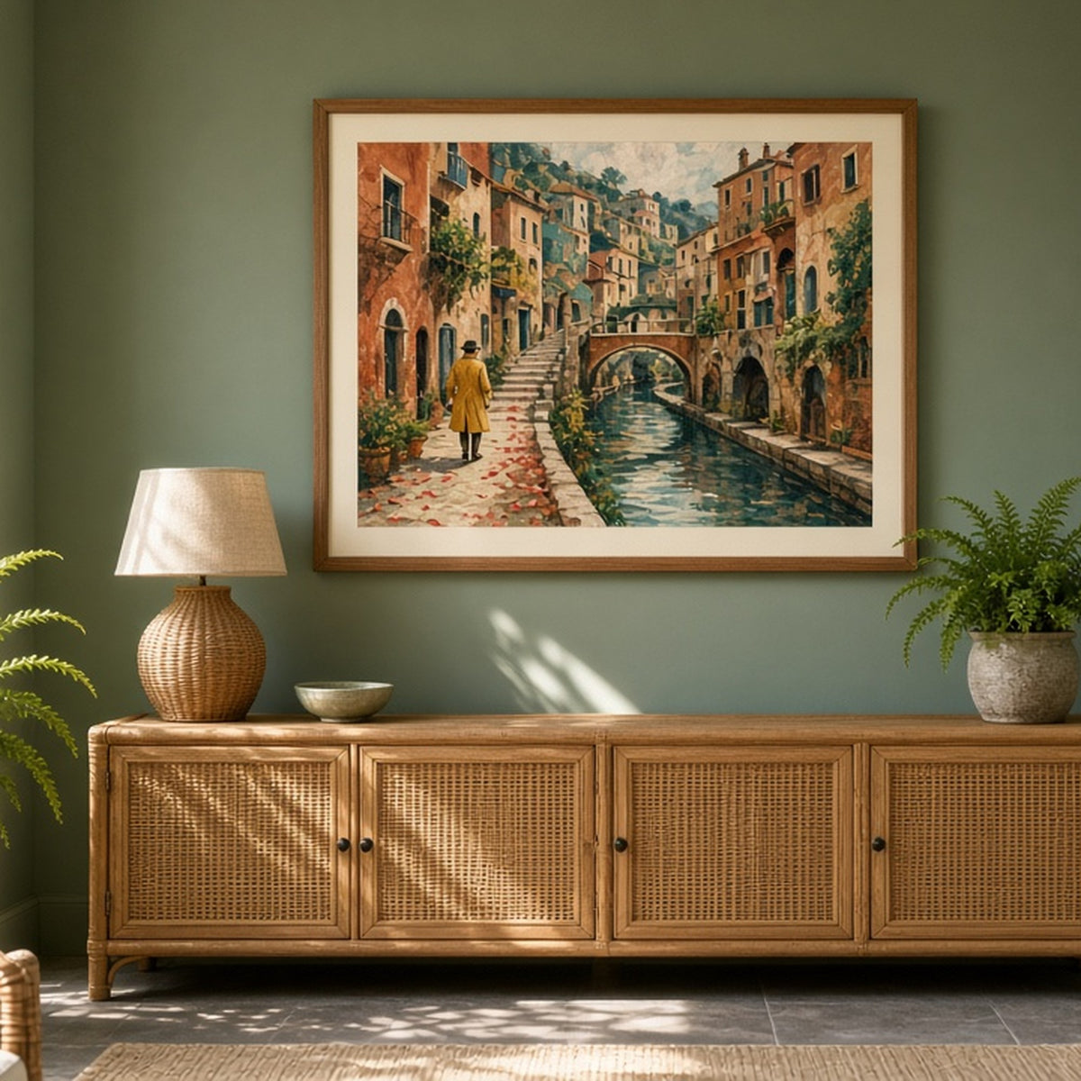 Textured artisan canal town with arched bridges and a detective following a petal trail shown as a flat framed print in a garden room, made with prompt #9