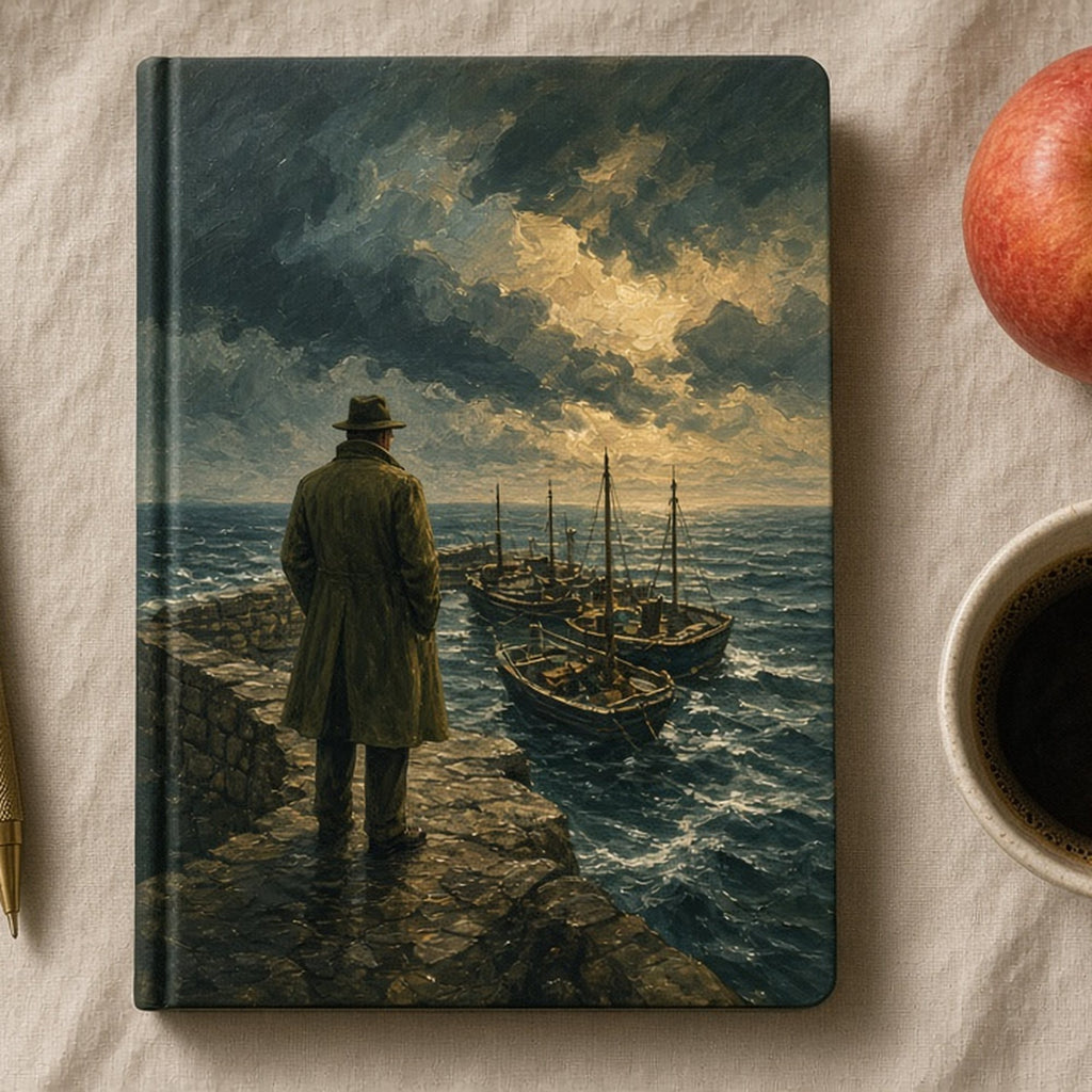 Oil-painted detective on a harbour wall beside moored boats as a storm approaches printed flat on a notebook cover, made with prompt #46