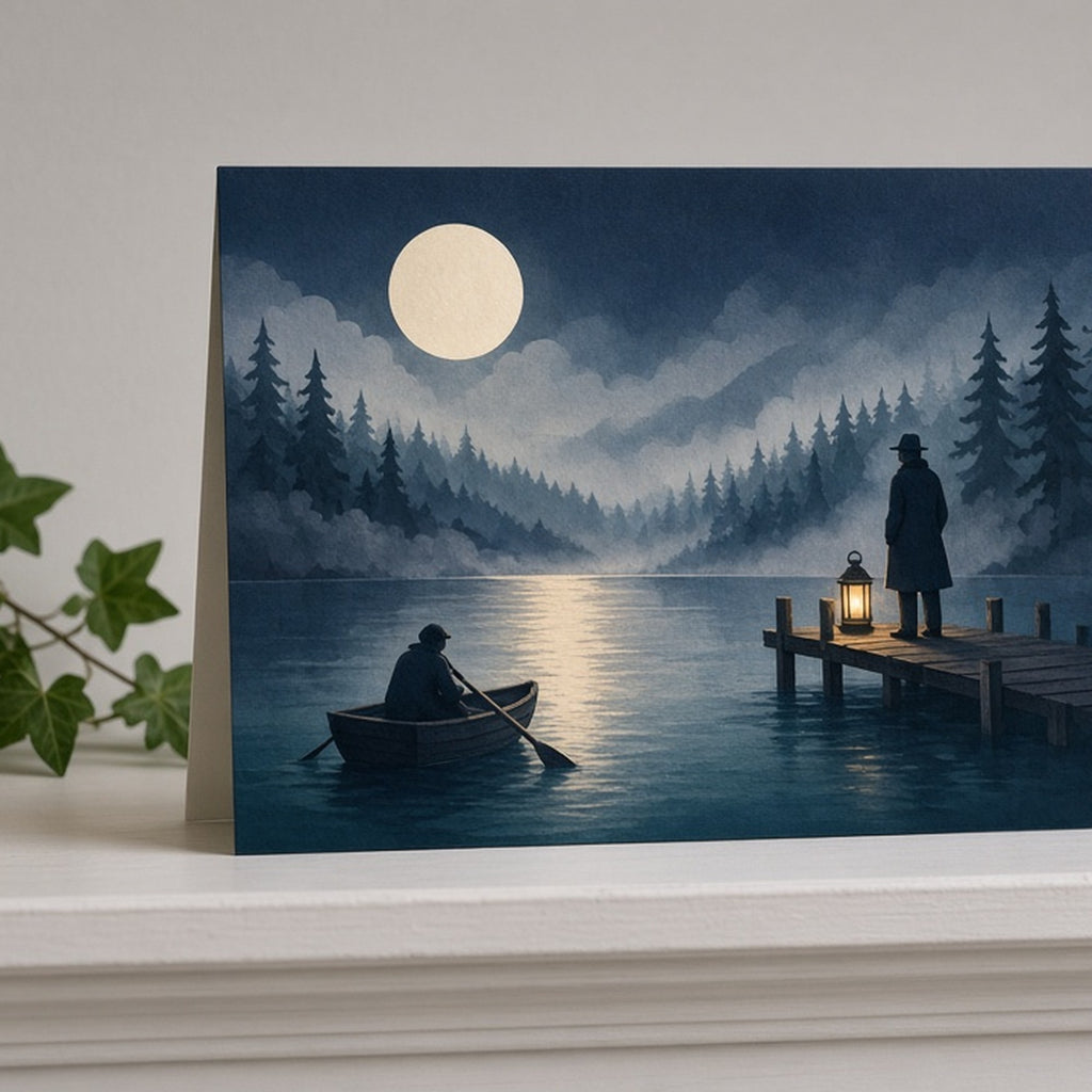 Paper-cut style moonlit misty woodland lake with a rowing boat and a lantern on the jetty printed flat on a greeting card, made with prompt #84