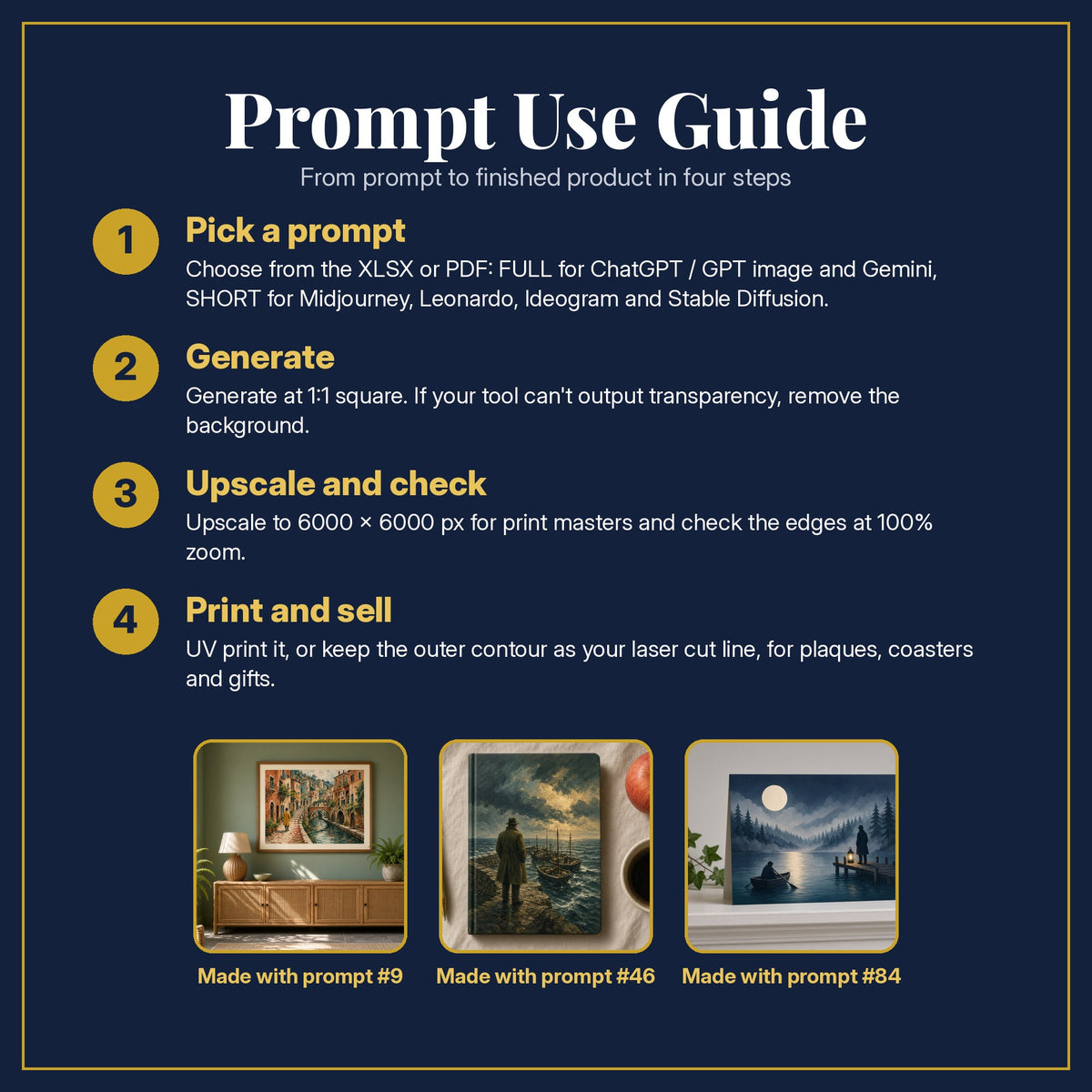Prompt Use Guide for the Mystery and Detective, Painterly & Handmade Collection: pick a prompt, generate, upscale and check, print and sell, with sample products made with the pack's prompts