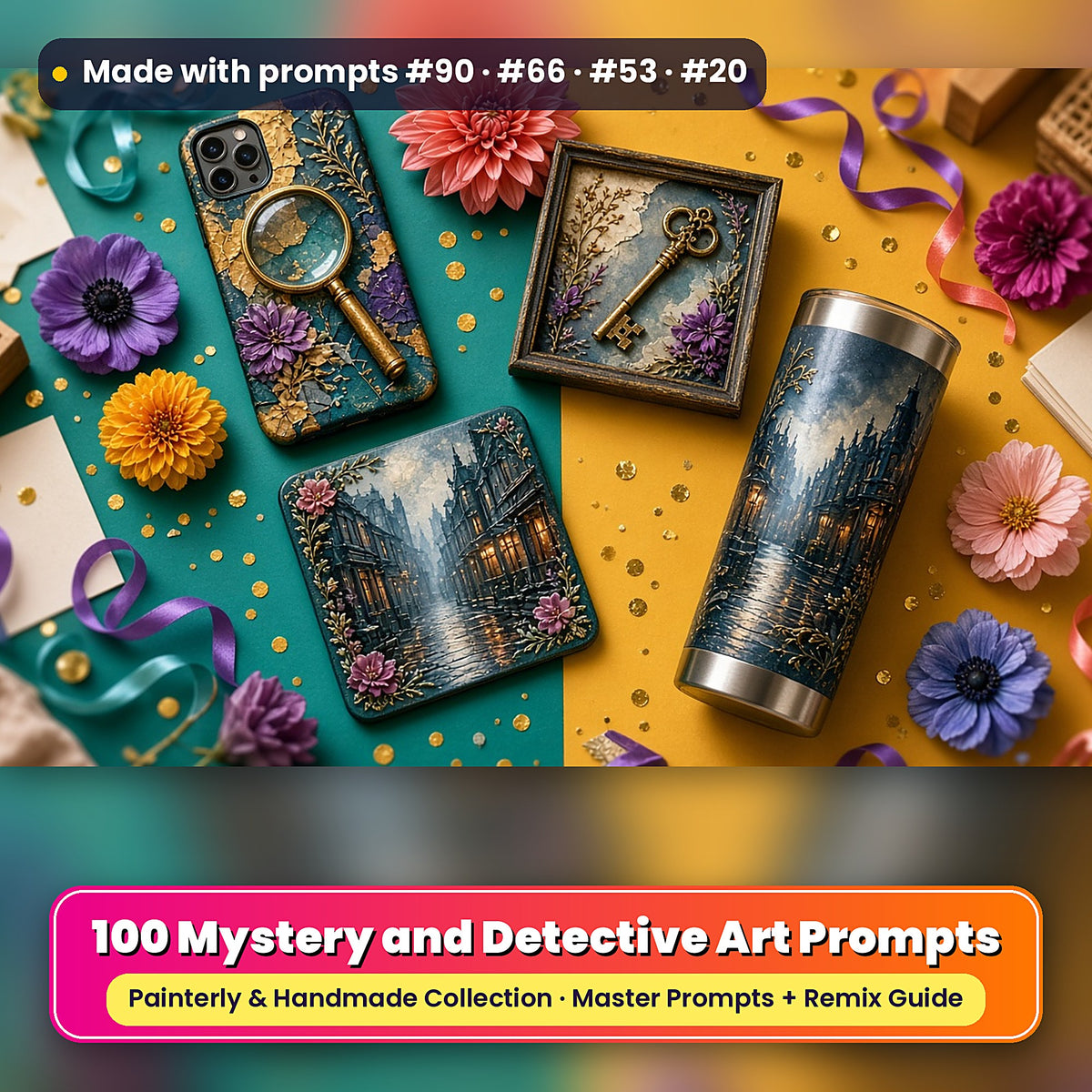 Mystery and Detective, Painterly & Handmade Collection: realistic UV-printed mockup, made with prompts #90 · #66 · #53 · #20