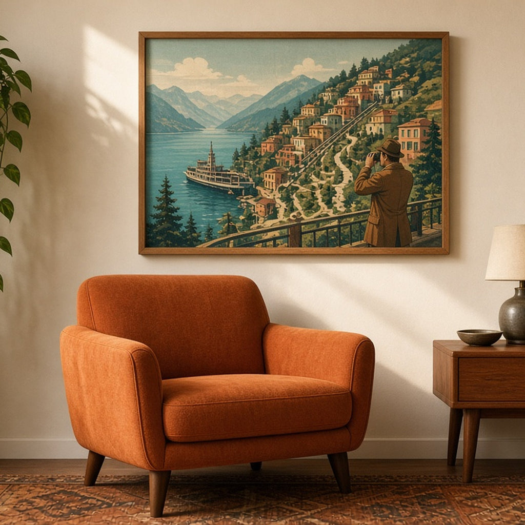 Vintage travel-poster alpine lake village with a detective watching through binoculars shown as a flat framed print in a living room, made with prompt #9