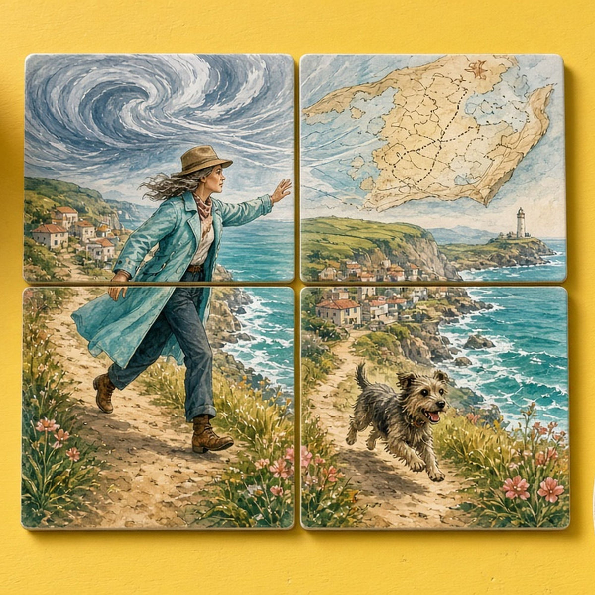 Whimsical woman detective and her terrier chasing a windblown map along a clifftop as a storm swirls printed flat on a set of four coasters, made with prompt #46