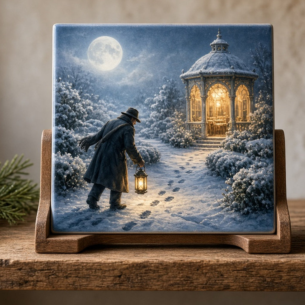 Moonlit frozen garden with a lamplit summerhouse and a detective inspecting footprints printed flat on a ceramic tile, made with prompt #84