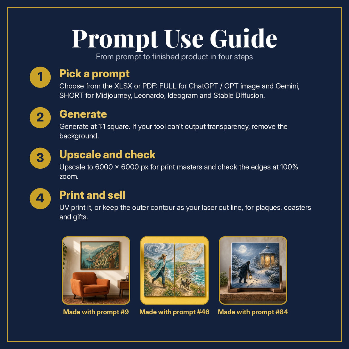 Prompt Use Guide for the Mystery and Detective, Vintage & Whimsical Collection: pick a prompt, generate, upscale and check, print and sell, with sample products made with the pack's prompts