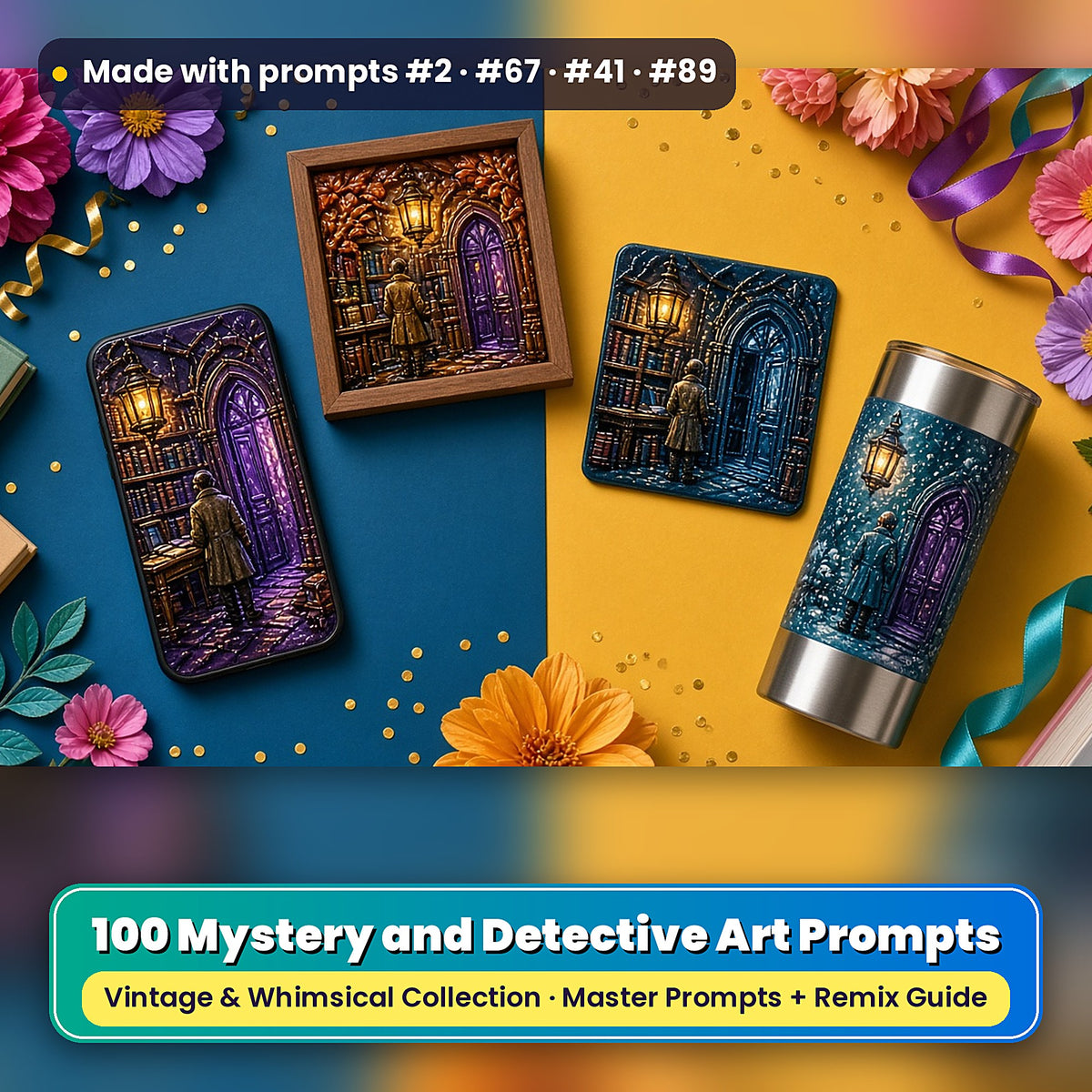 Mystery and Detective, Vintage & Whimsical Collection: realistic UV-printed mockup, made with prompts #2 · #67 · #41 · #89