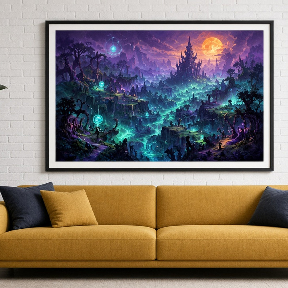 Bold violet and teal haunted forest panorama with winding cliff paths and glowing wisps printed flat on a framed print in a living room, made with prompt #9