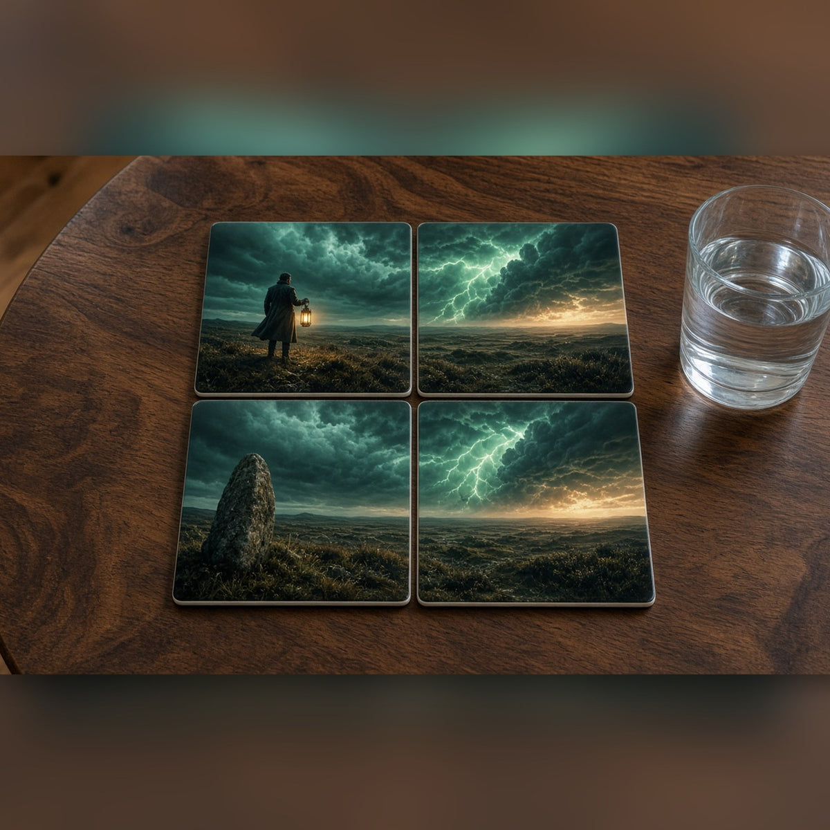Cinematic lantern-carrying hero on a moor as a green-lit storm approaches printed flat on a set of four coasters, made with prompt #46