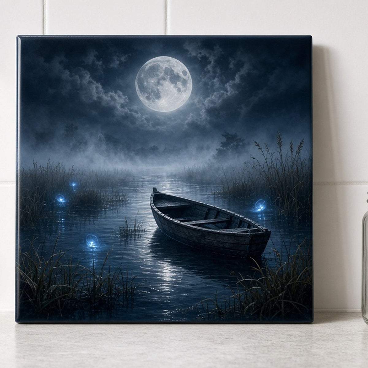 Moonlit marsh with a half-sunken rowing boat and glowing blue lights printed flat on a ceramic tile, made with prompt #84